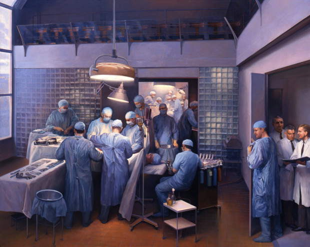 Painting: The first successful kidney transplantation, Brigham Hospital, Harvard University, 1954.